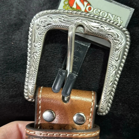 Nocona Genuine Leather,tooled,Aztec stitch, Conchos,removable silvertone buckle - Picture 6 of 10